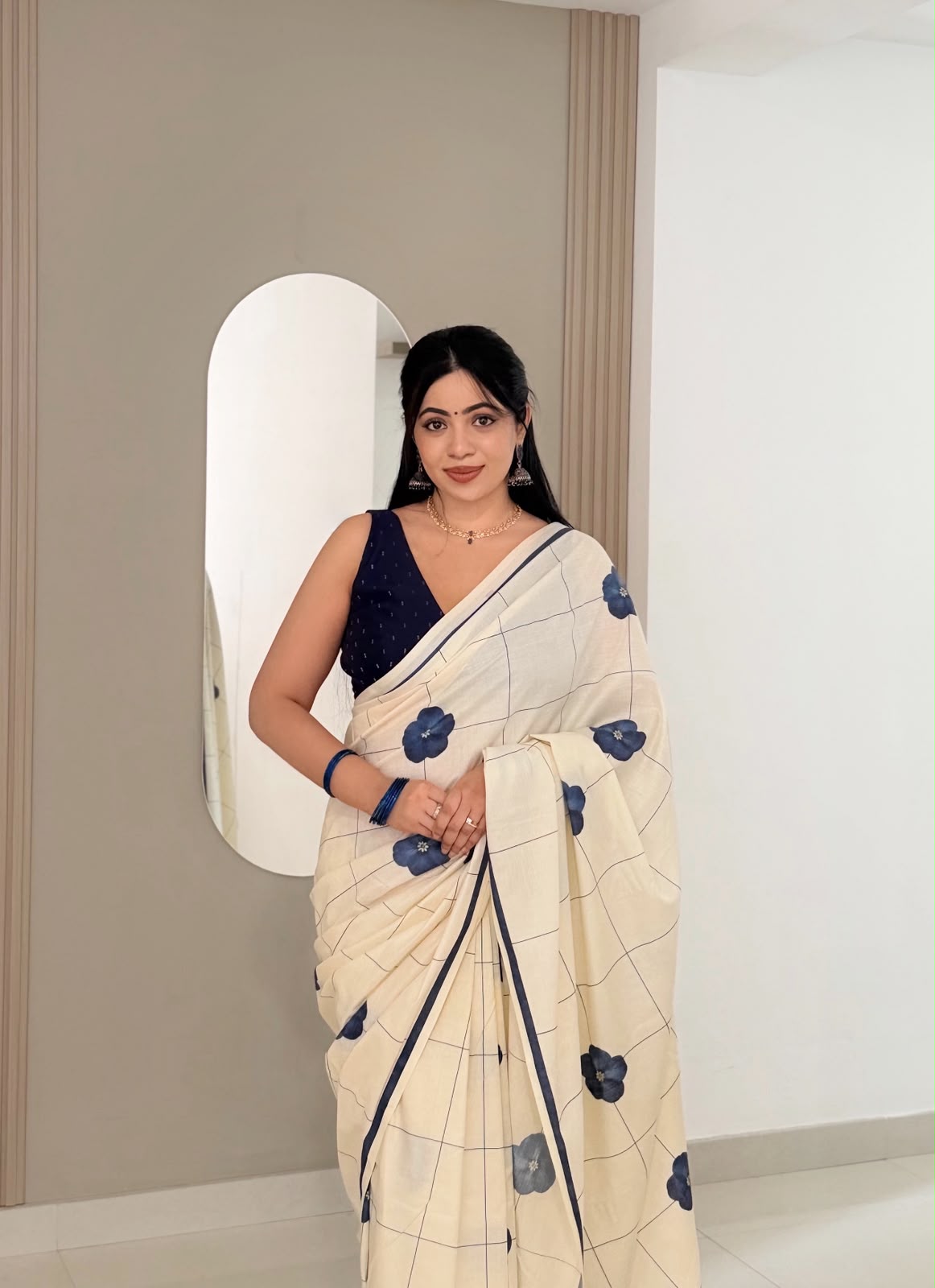 Indigo Bloom Checks Pure Cotton Digital Printed Saree | Floral Check Print | No Blouse-20514 - Image 4