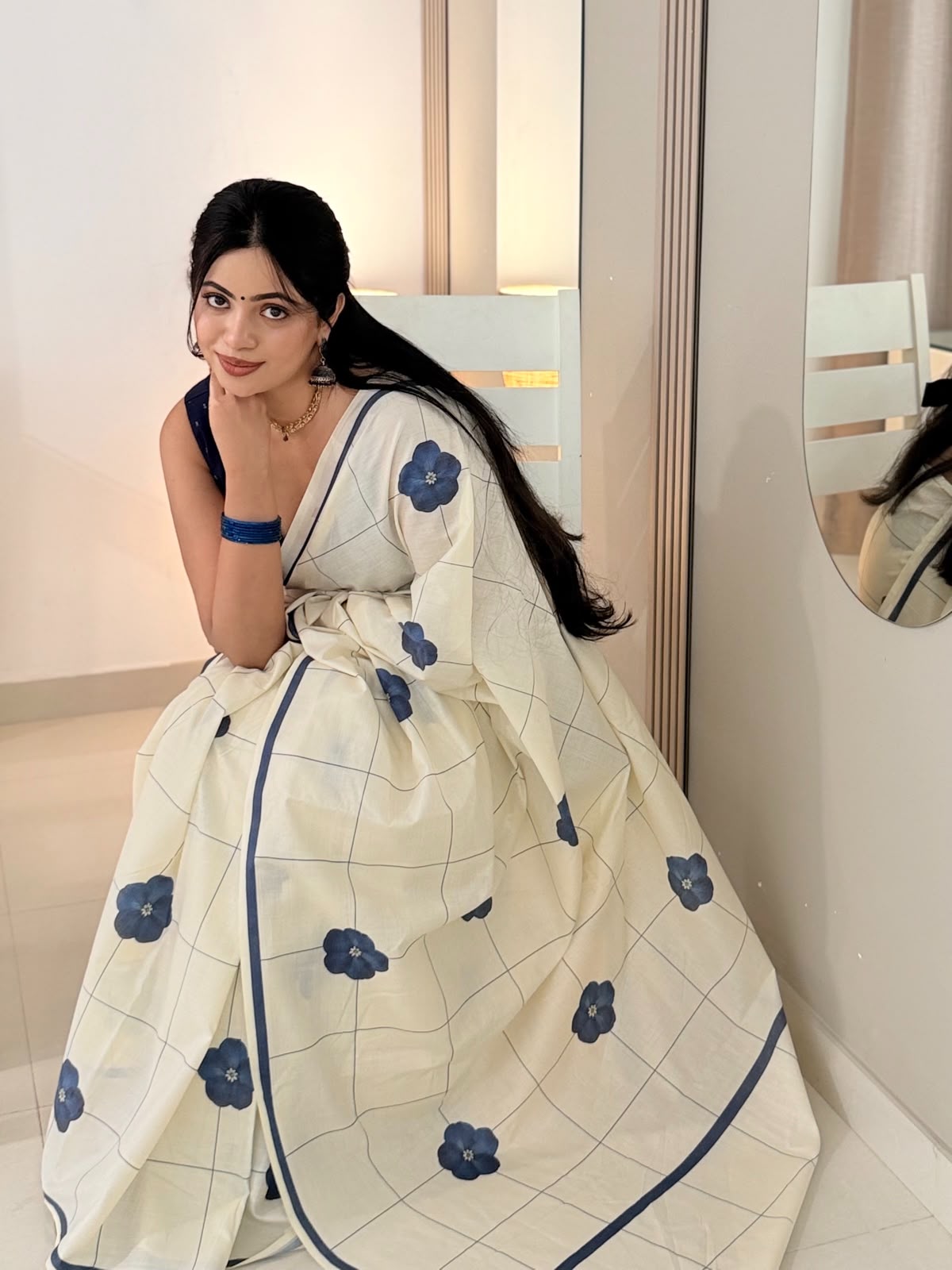 Indigo Bloom Checks Pure Cotton Digital Printed Saree | Floral Check Print | No Blouse-20514 - Image 5