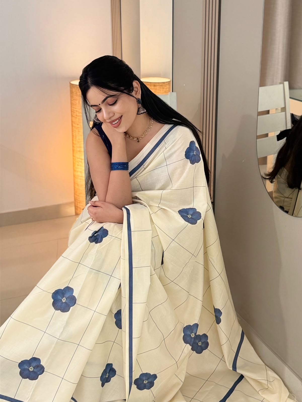 Indigo Bloom Checks Pure Cotton Digital Printed Saree | Floral Check Print | No Blouse-20514 - Image 6