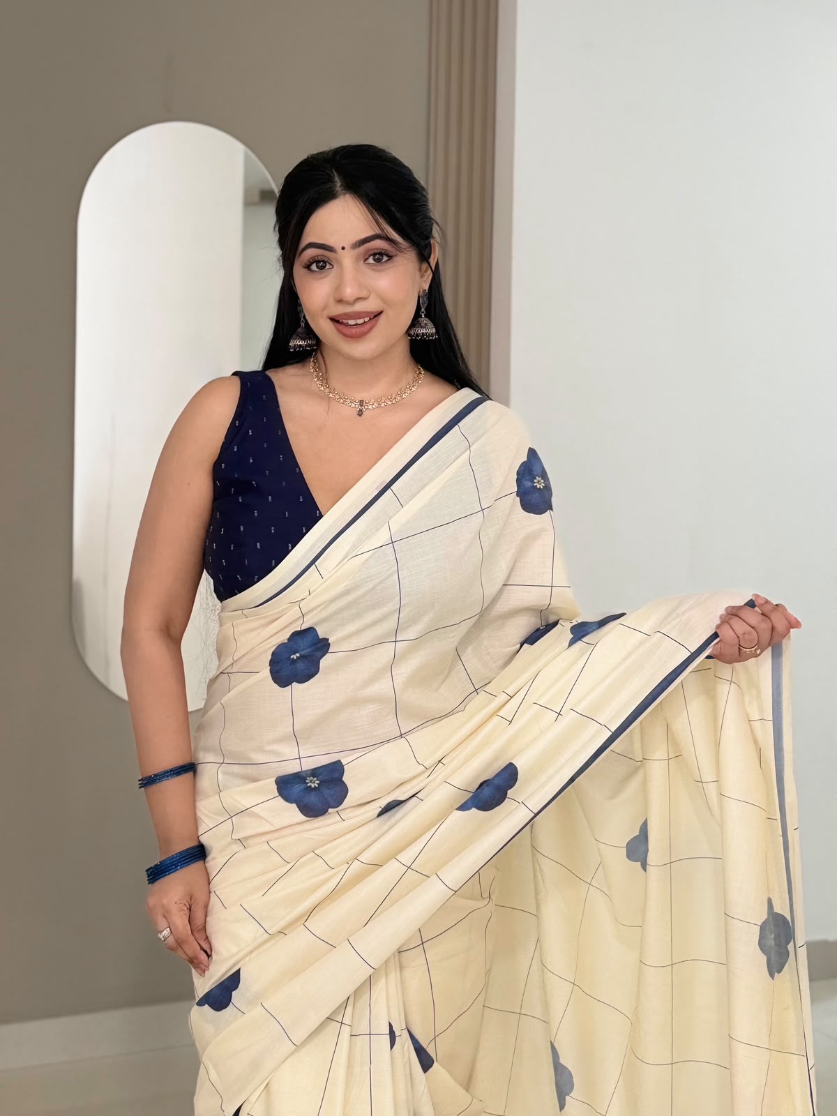 Indigo Bloom Checks Pure Cotton Digital Printed Saree | Floral Check Print | No Blouse-20514 - Image 7