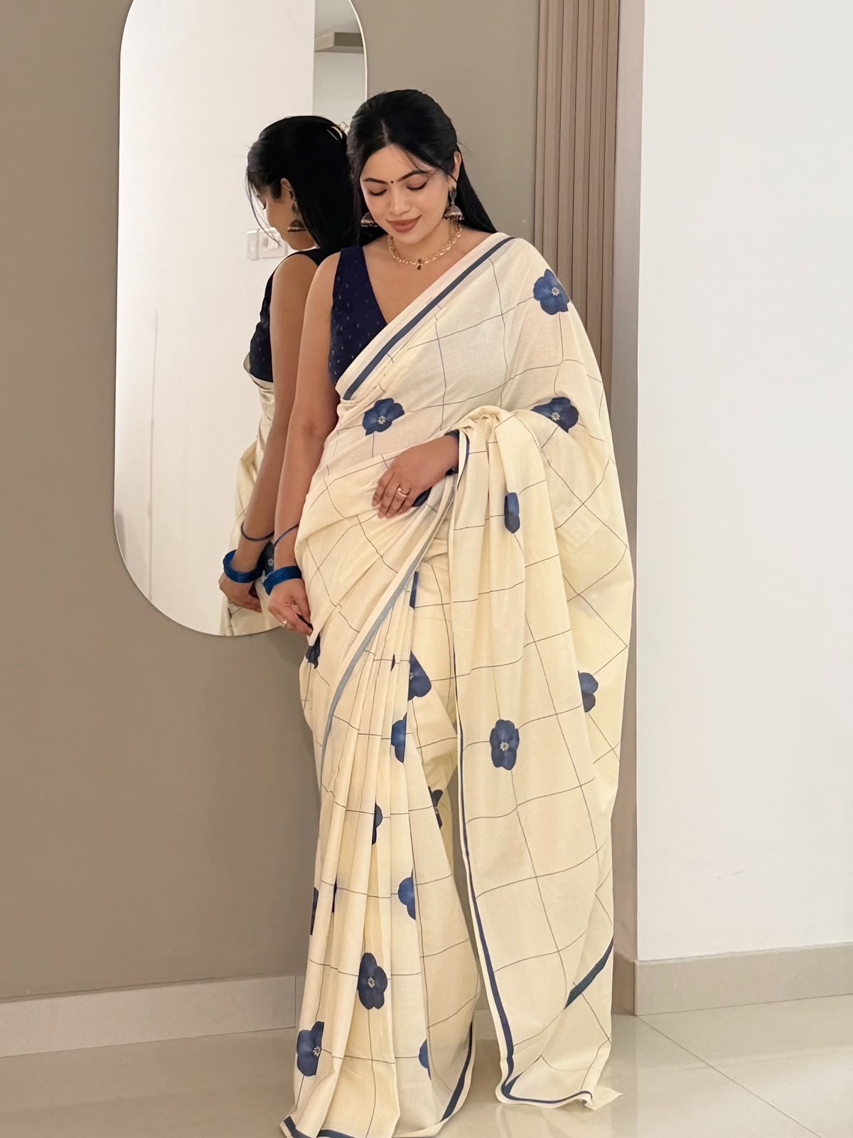 Indigo Bloom Checks Pure Cotton Digital Printed Saree | Floral Check Print | No Blouse-20514 - Image 8