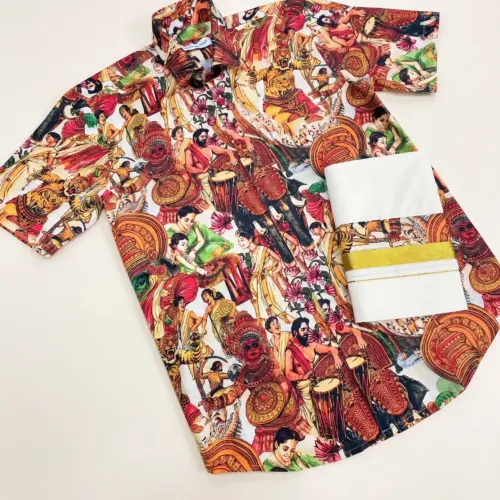 Kerala Festival Printed Shirt with Premium Kasavu Mundu Set | Kathakali, Theyyam & Chenda Theme| 40110