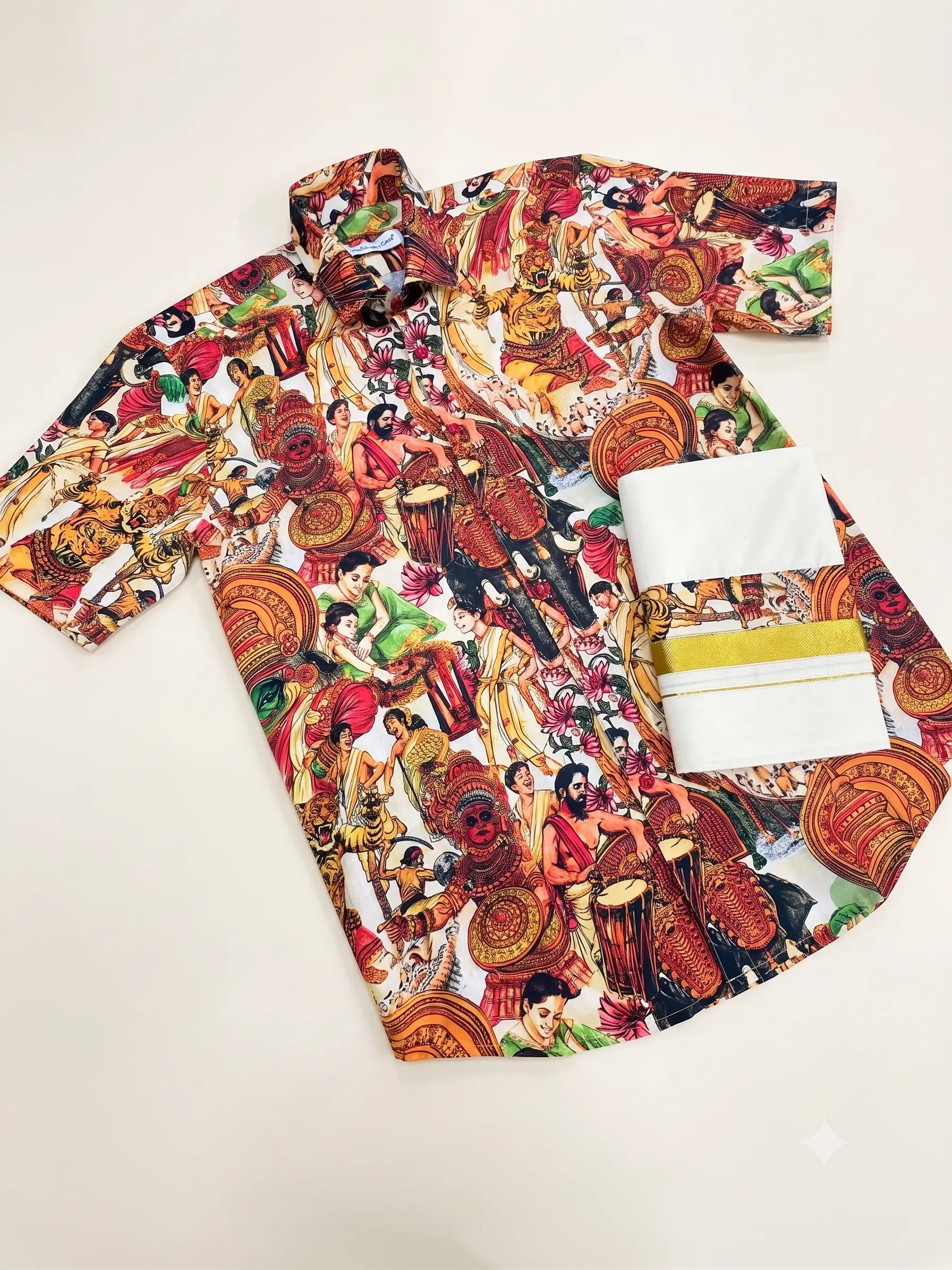 Kerala Festival Printed Shirt with Kasavu Mundu Set | Kathakali, Theyyam & Chenda Theme