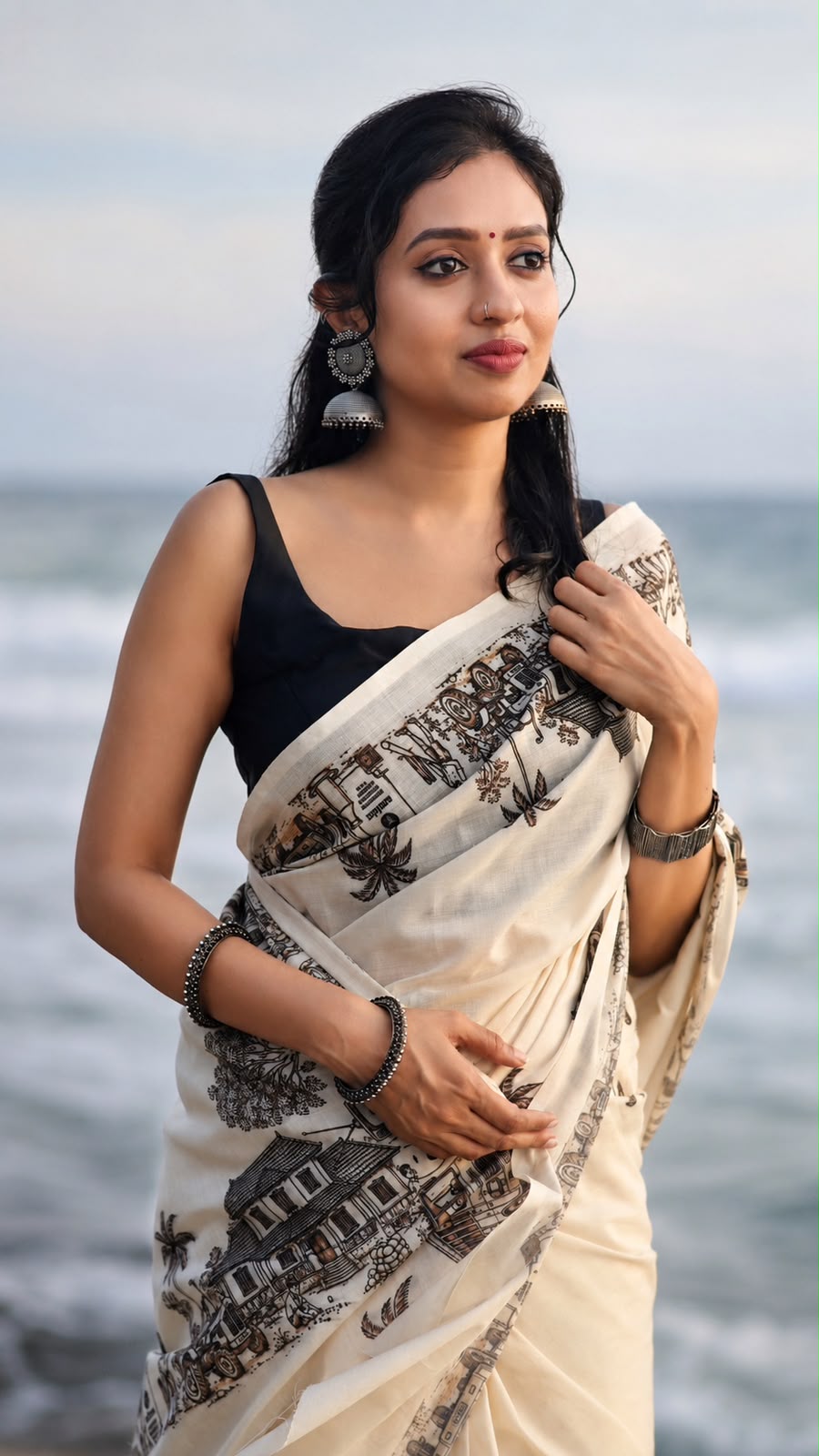 Gramam Pure Cotton Digital Printed Saree | Kerala Village Art Print Saree | No Blouse-20517 - Image 3