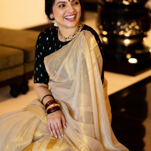 Premium Linen Tissue Gold Saree with Golden Border & Tassels | Kerala Kasavu Style Saree| 20506