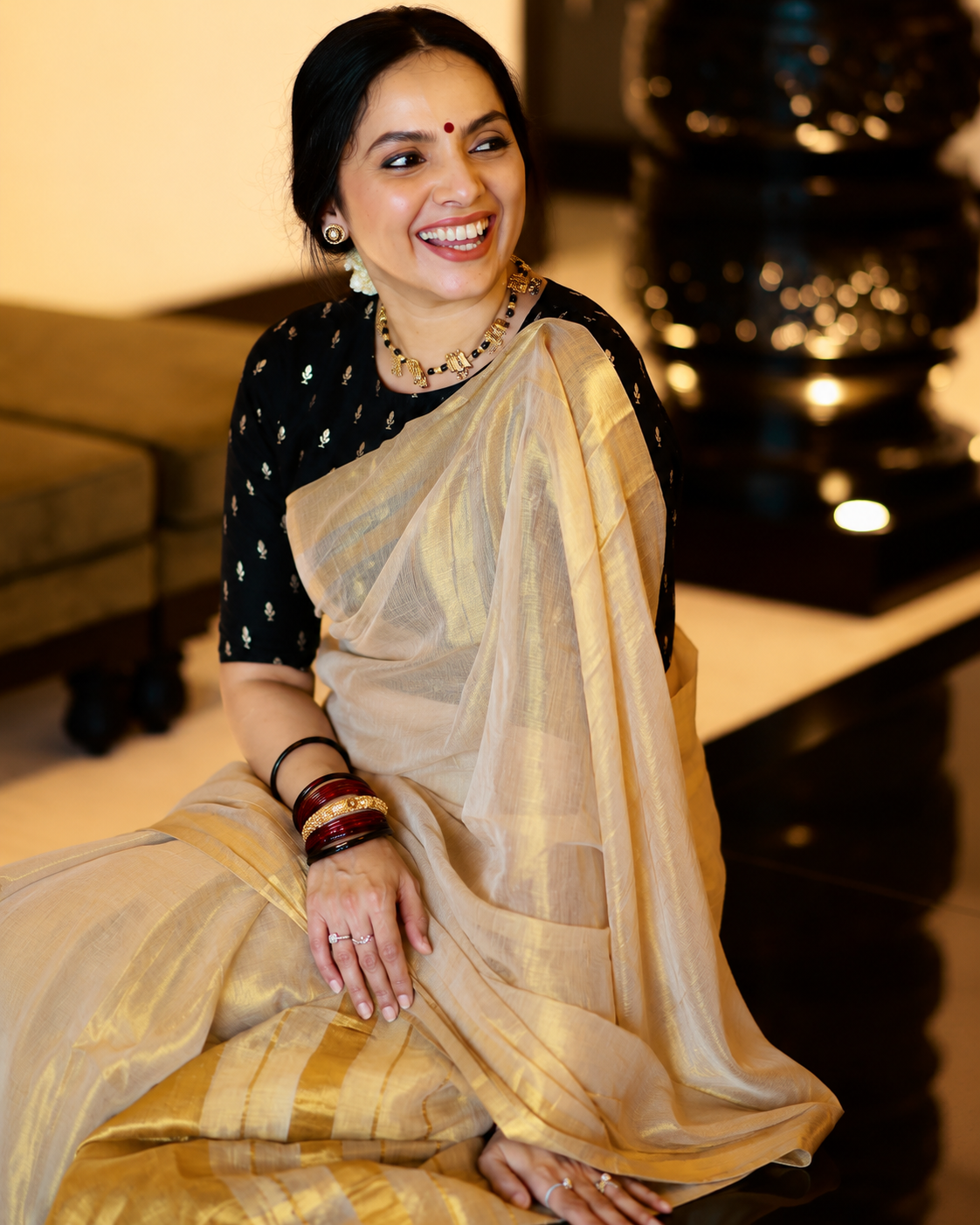 Premium Linen Tissue Gold Saree with Golden Border & Tassels | Kerala Kasavu Style Saree| 20506