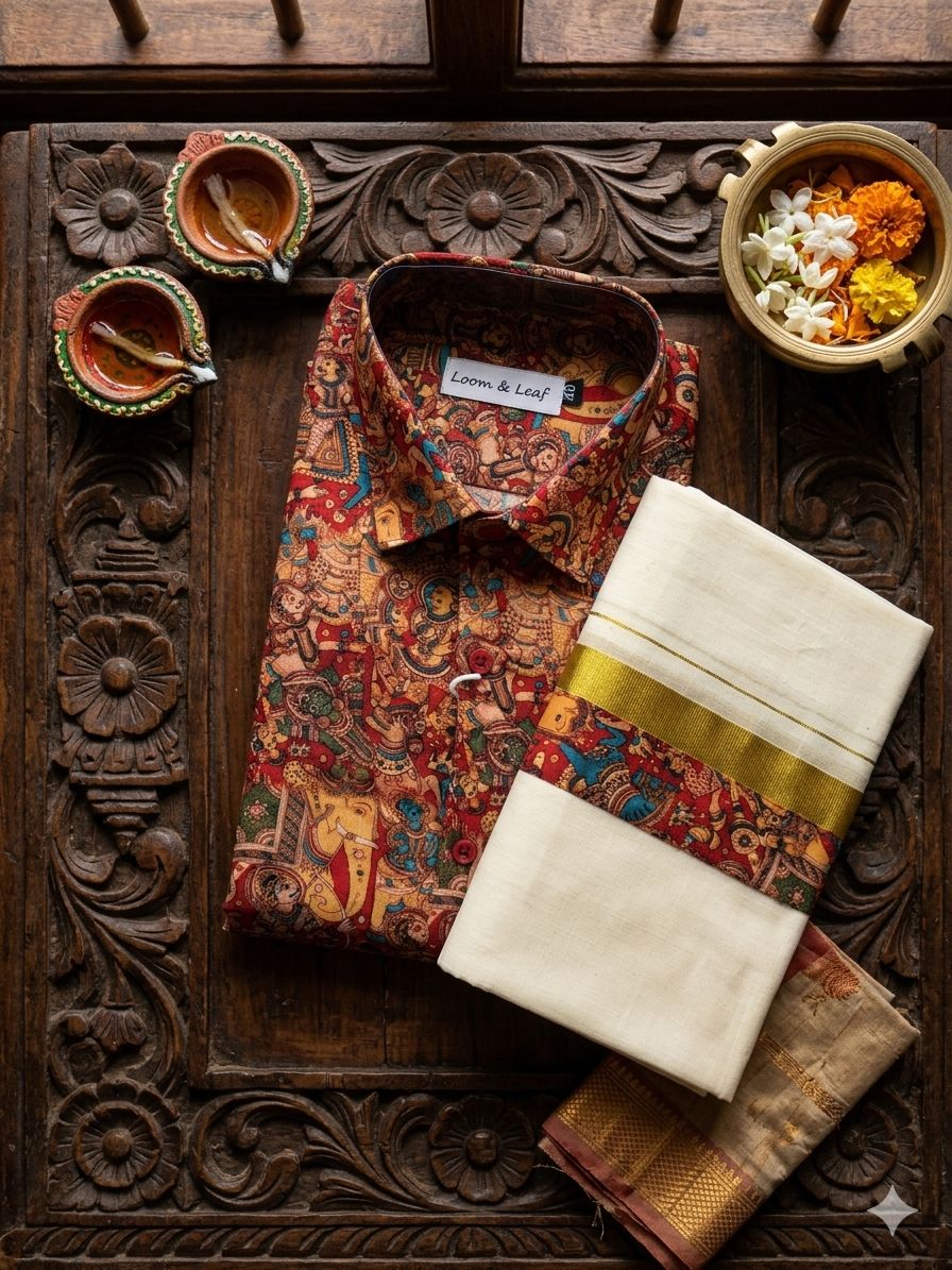 Premium Printed Ethnic Shirt with Kerala Kasavu Mundu Set for Men – Onam Festival Wear | Maroon Multi-Color| 80120 - Image 3