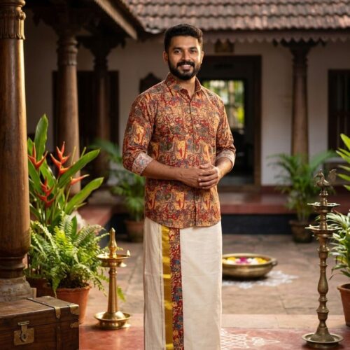 Premium Printed Ethnic Shirt with Kerala Kasavu Mundu Set for Men – Onam Festival Wear | Maroon Multi-Color| 80120