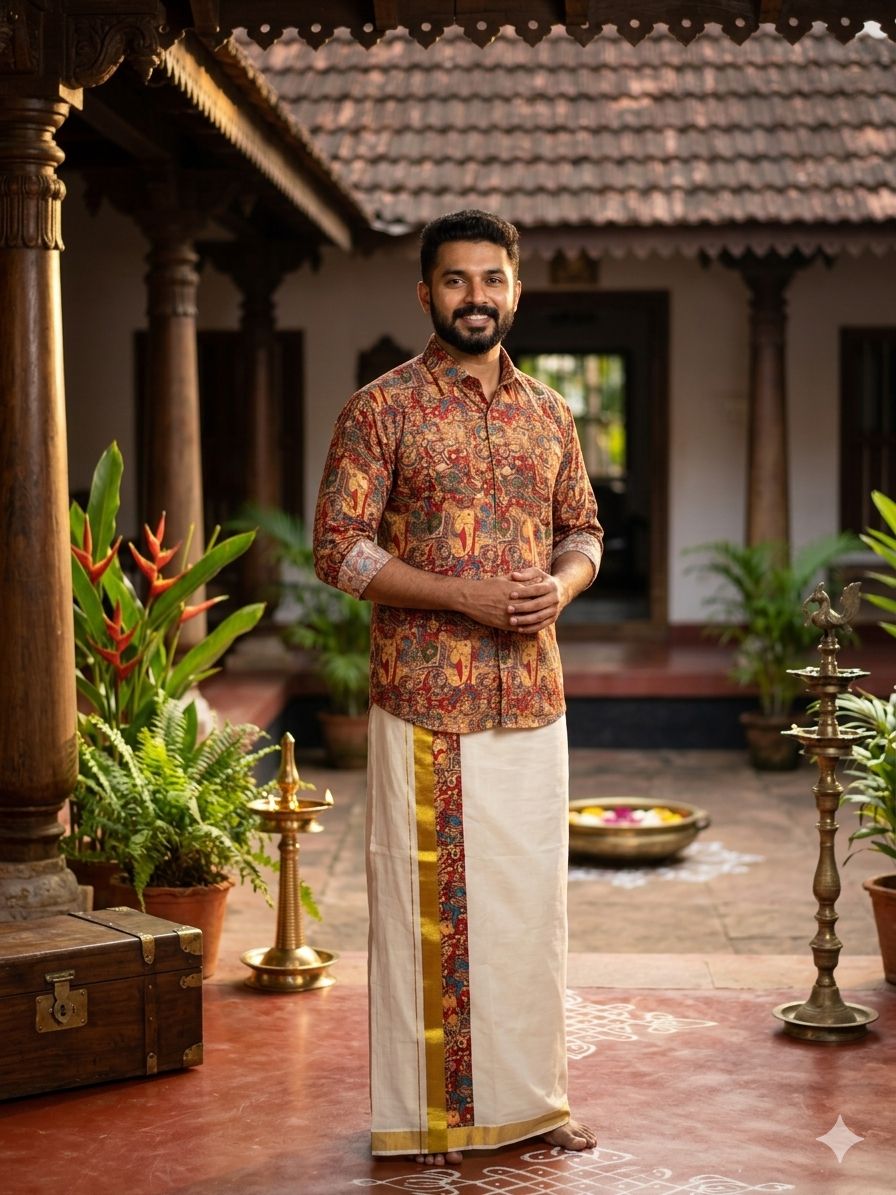Premium Printed Ethnic Shirt with Kerala Kasavu Mundu Set for Men – Onam Festival Wear | Maroon Multi-Color| 80120