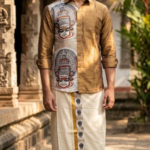 SD Copper Brown One Side Printed Shirt with Kasavu Mundu Set | 80118 | Kerala Traditional Men's Wear