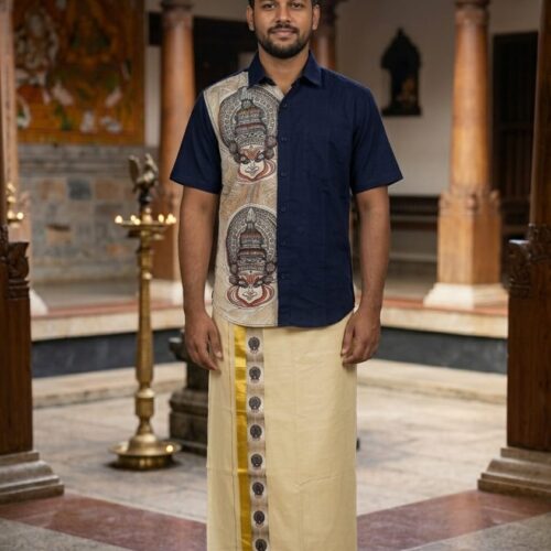 SD Navy Blue One Side Printed Shirt with Kasavu Mundu Set | 80119 | Kerala Traditional Men's Wear
