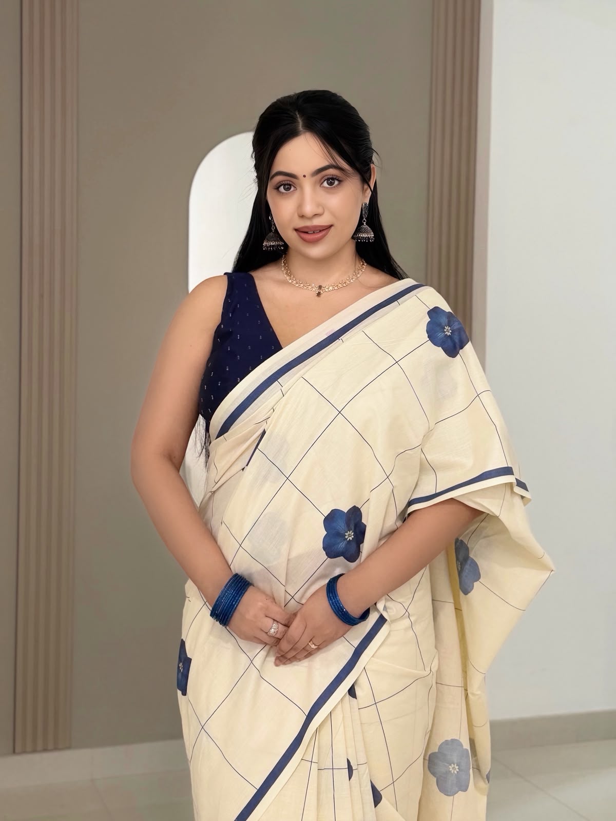 Indigo Bloom Checks Pure Cotton Digital Printed Saree | Floral Check Print | No Blouse-20514 - Image 9
