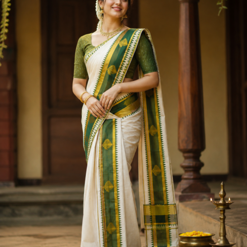 Botle Green & Olive Green Set Mund | Traditional Woven Border |Powerloom - 30247