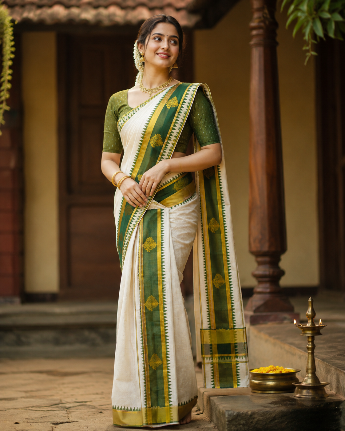 Botle Green & Olive Green Set Mund | Traditional Woven Border |Powerloom - 30247