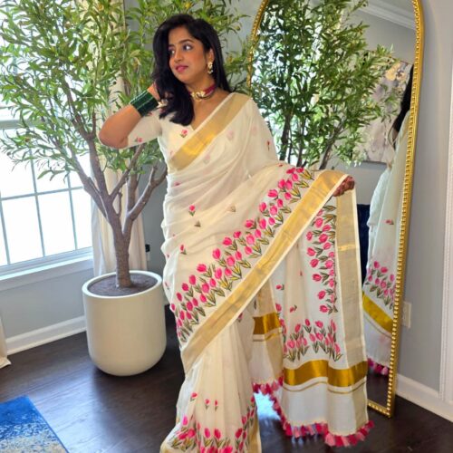 Premium Cotton Flower Embroidery Saree with Embroidered Blouse | Kerala Traditional Saree-20527