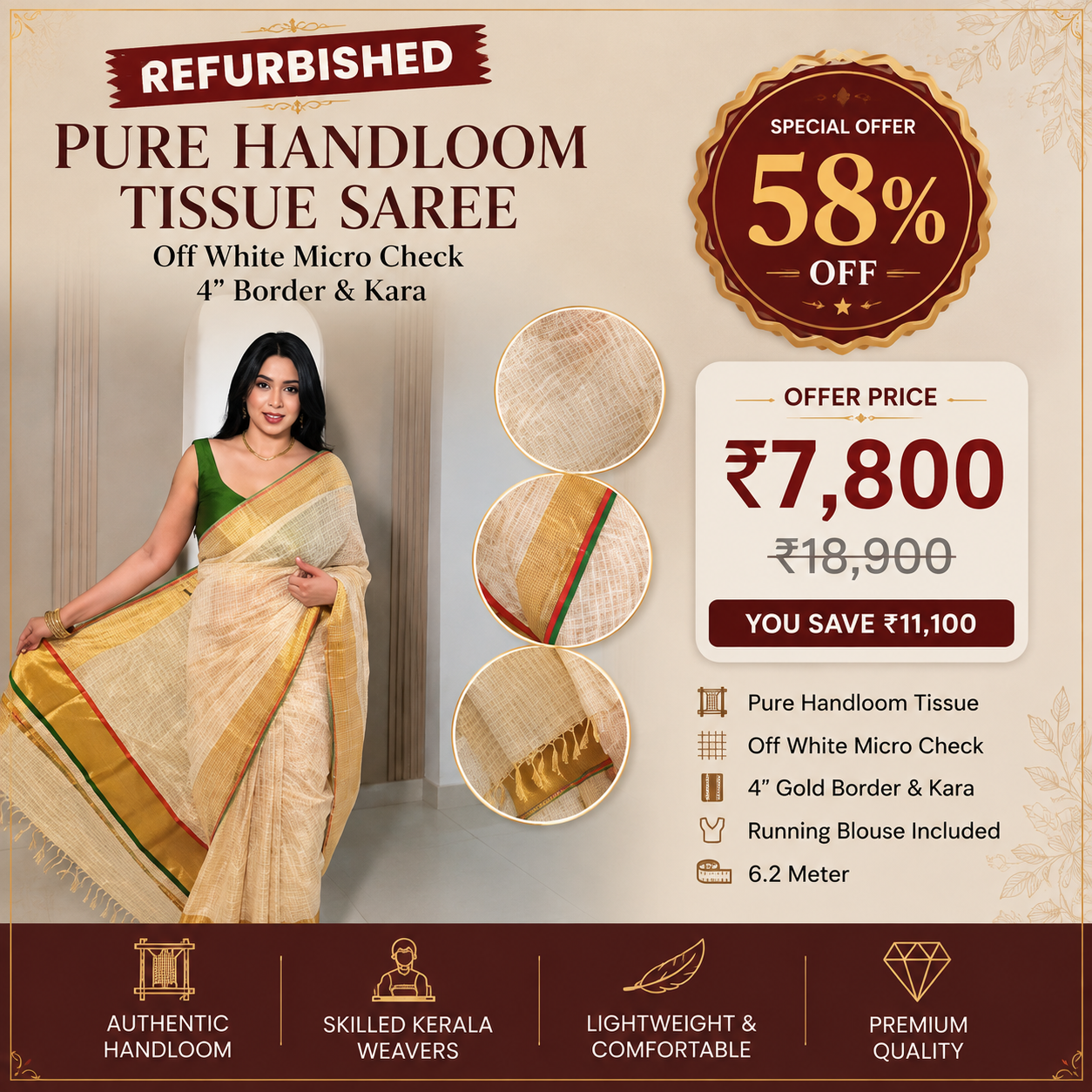 Refurbished | Pure Handloom Tissue Saree | Off White Micro Check | 4" Gold Border & Kara | RUNA