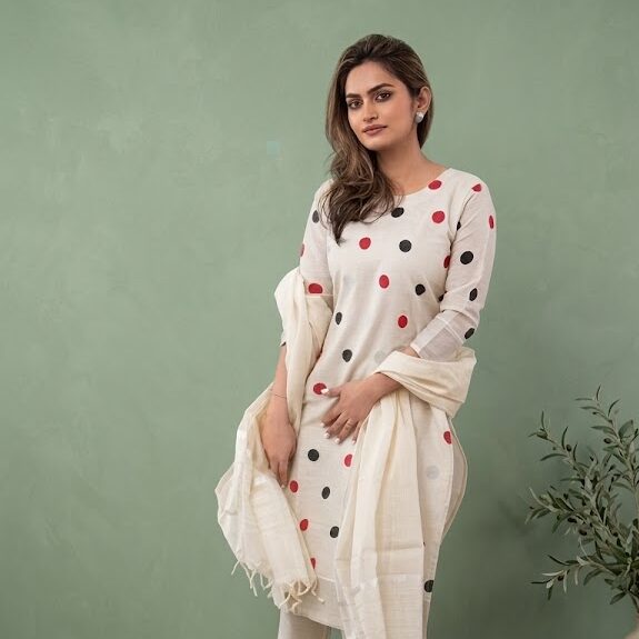 Tissue Salwar Set | Red, Black & Silver Polka Print | 3-Piece Dress Material-10034 - Image 2