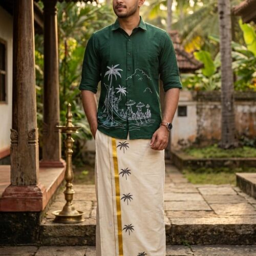 Traditional Kerala Vanchi Printed Shirt & Mund Set | green color | Men's Ethnic Wear-40133-38
