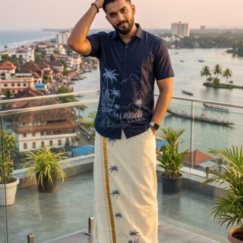 Traditional Kerala Vanchi Printed Shirt & Mund Set | BLUE color | Men's Ethnic Wear-40151-56