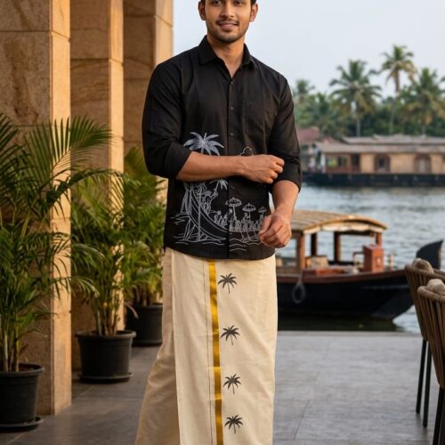 Traditional Kerala Vanchi Printed Shirt & Mund Set | BLACK color | Men's Ethnic Wear-40127-32