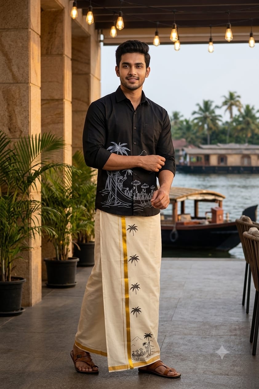 Traditional Kerala Vanchi Printed Shirt & Mund Set | BLACK color | Men's Ethnic Wear-40127-32