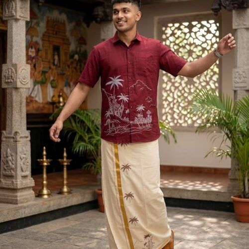 Traditional Kerala Vanchi Printed Shirt & Mund Set | Red color | Men's Ethnic Wear-40145-50