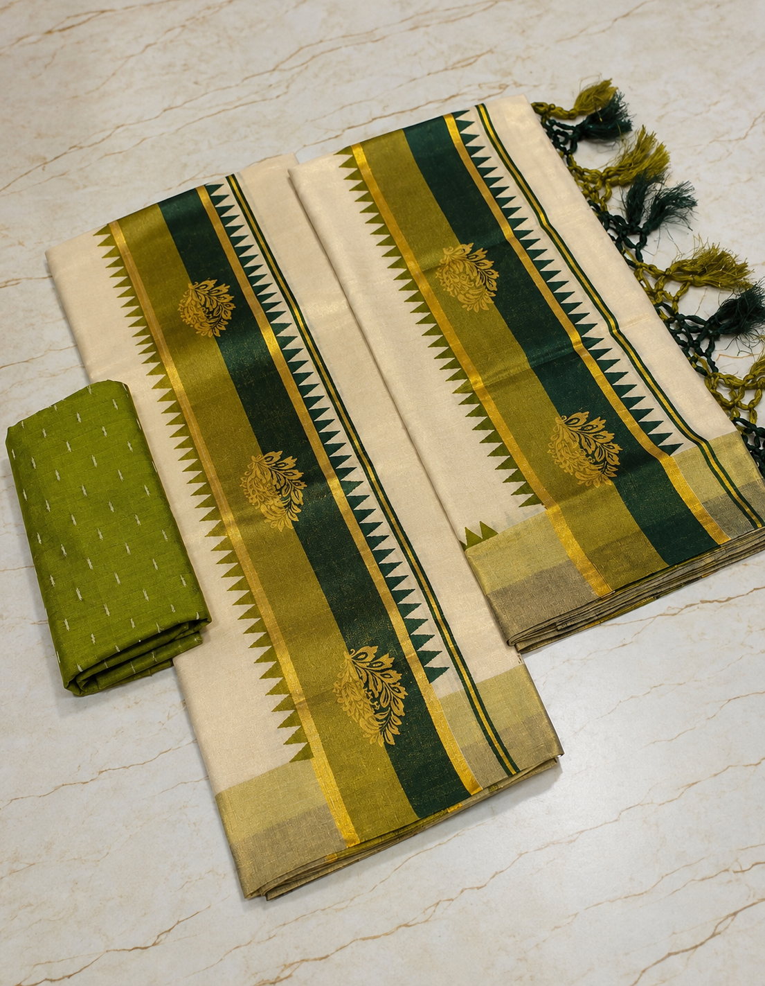 Botle Green & Olive Green Set Mund | Traditional Woven Border |Powerloom - 30247 - Image 2