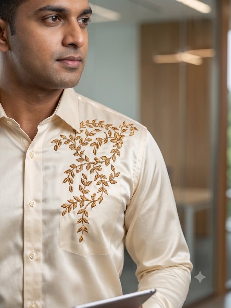 Off White Embroidered Men's Shirt | Premium Ethnic Shirt | Floral Embroidery | 40126 - Image 2