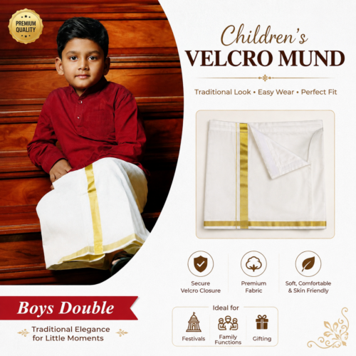 Children’s Velcro Mund | Boys Double Kerala Traditional Dhoti for Kids | Golden kasavu 80131-48