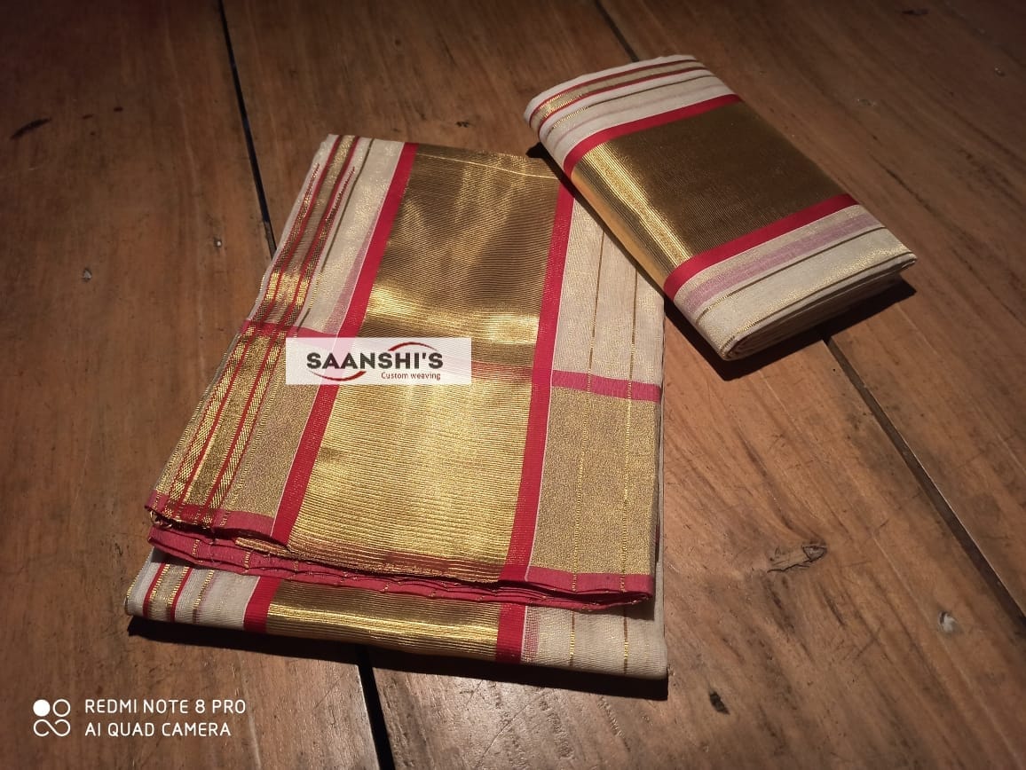 Pure Handloom Tissue Set Mund with 5 Inch Border & Kara - Image 3