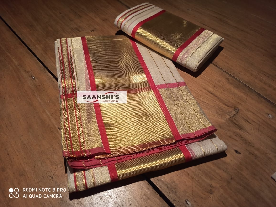 Pure Handloom Tissue Set Mund with 5 Inch Border & Kara - Image 2