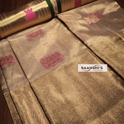 Pure Handloom Tissue Set Mund| with Double Jari & Lotus Motif