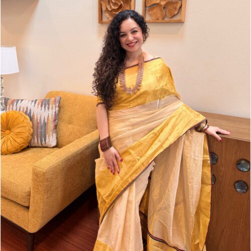 FULL JARI WEAVED –TISSUE MICROCHECK SAREE 10 INCH Golden 20481