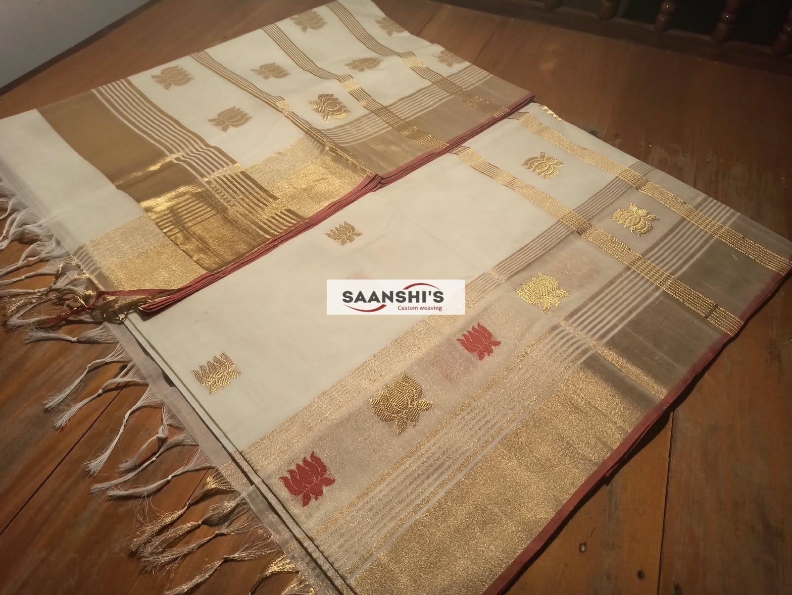 Pure Handloom Cotton Saree with Lotus Motifs