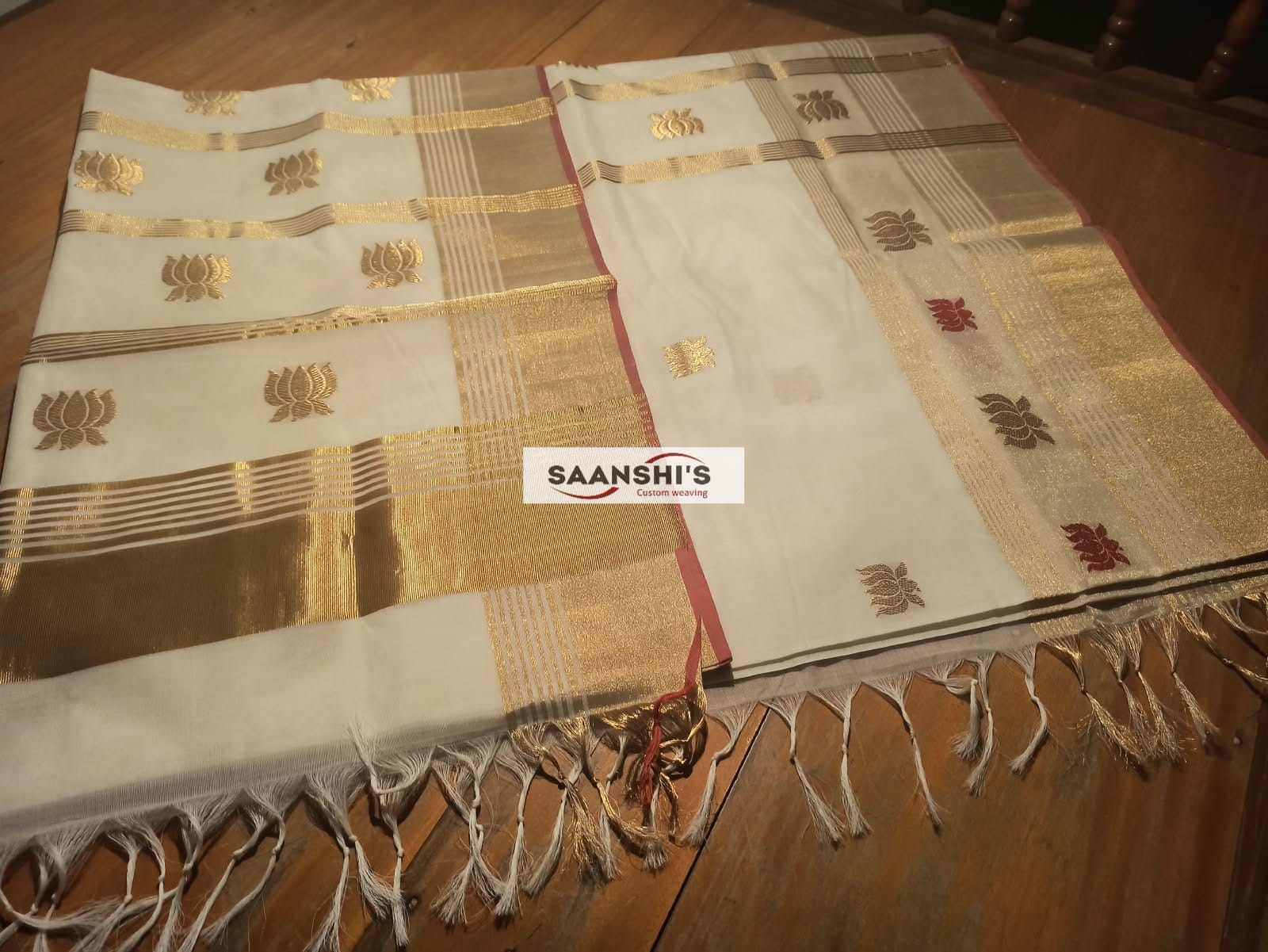 Pure Handloom Cotton Saree with Lotus Motifs - Image 4