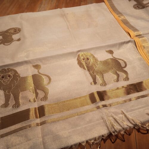 Pure Handloom Tissue Saree with Golden Lion Motif